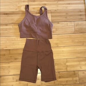 Brown Ribbed Sports Bra and Shorts Set